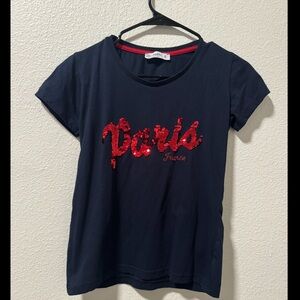 Navy Blue Women's Tee with Red Sequin Paris Design